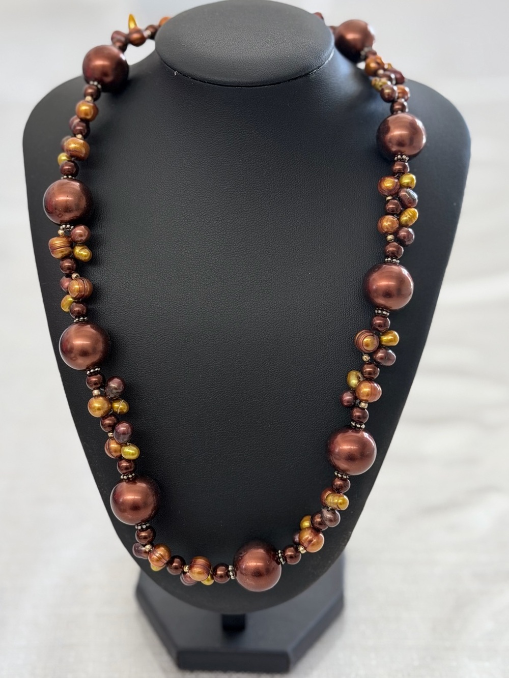 Brown Pearlescent Bead Necklace with Gold Accents